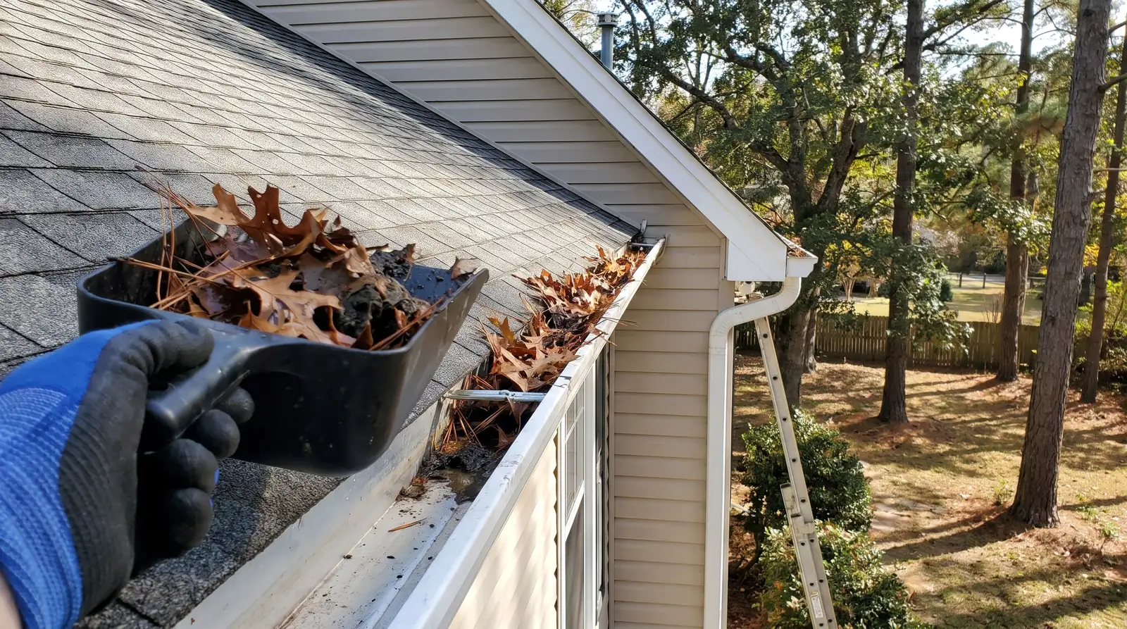 Gloved hand scooping wet oak leaves out of a gutter at the roof edge